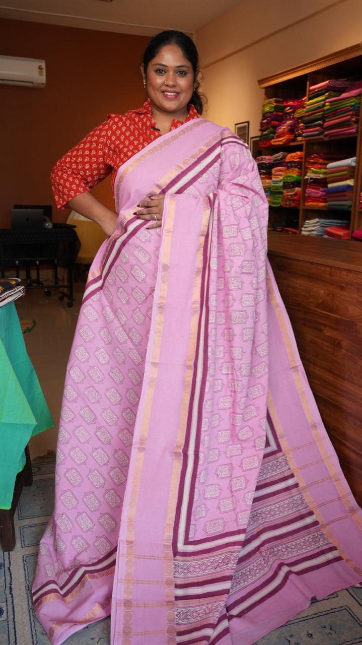 Madurai Cotton X Bagru Saree -11-06F-01-01 (STRAWBERRY FRAPPE)