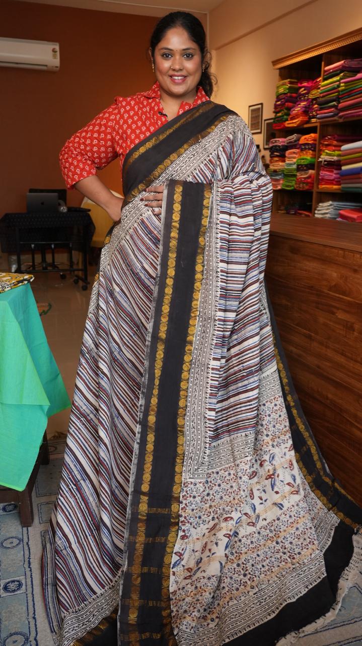 Madurai Cotton X Bagru Saree -11-06F-01-02 (SPICED MOCHA)