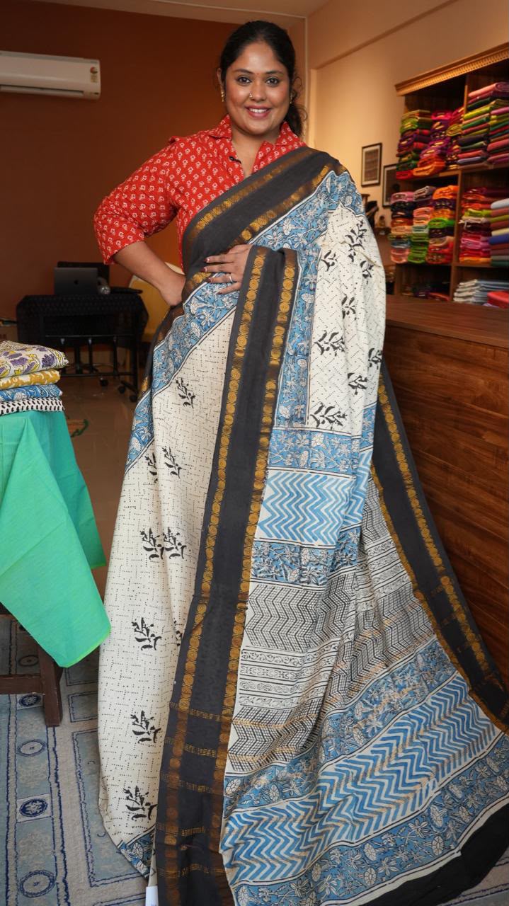 Madurai Cotton X Bagru Saree -11-06F-01-06 (MILK PUDDING)