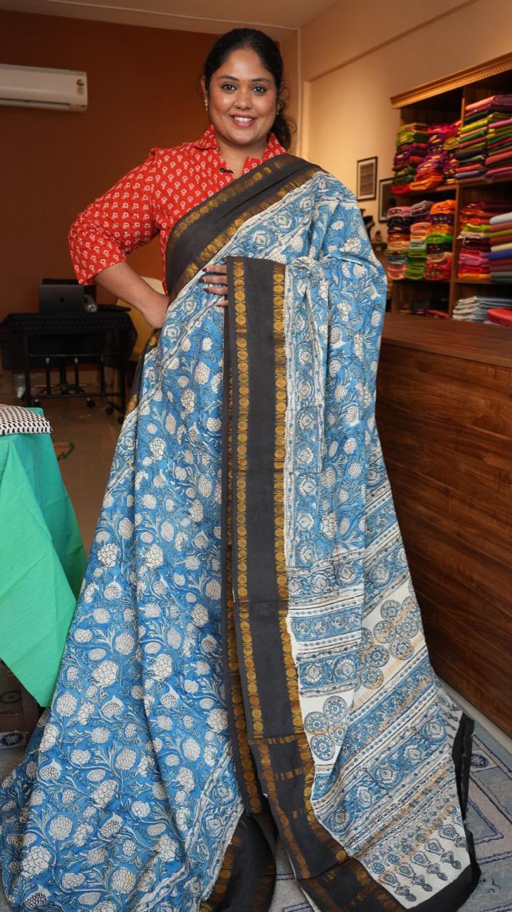 Madurai Cotton X Bagru Saree -11-06F-01-04 (BLUE MILK)