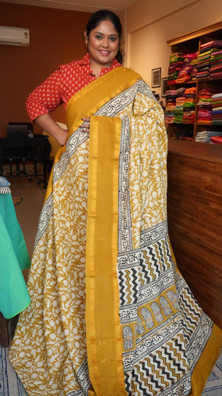 Madurai Cotton X Bagru Saree -11-06F-01-03 (HONEY GLAZE)