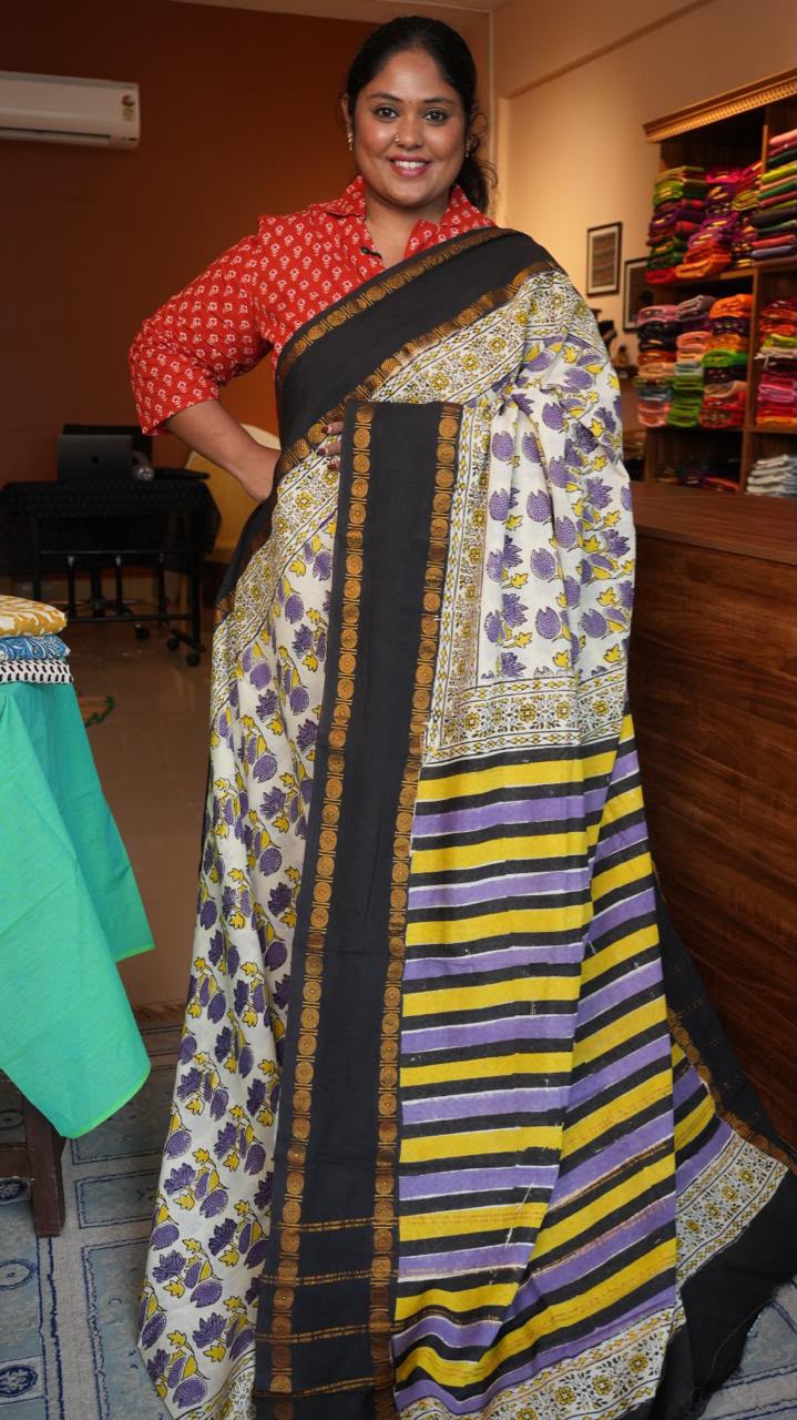 Madurai Cotton X Bagru Saree -11-06F-01-08 (LAVENDER CHEESECAKE)