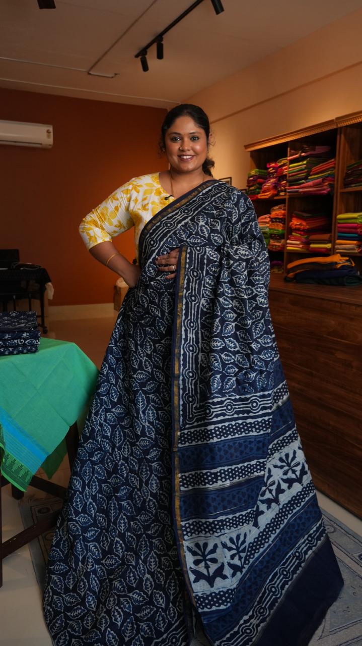 Chanderi Handblock Print Saree -51-06-01-15 (FOREST LEAVES)