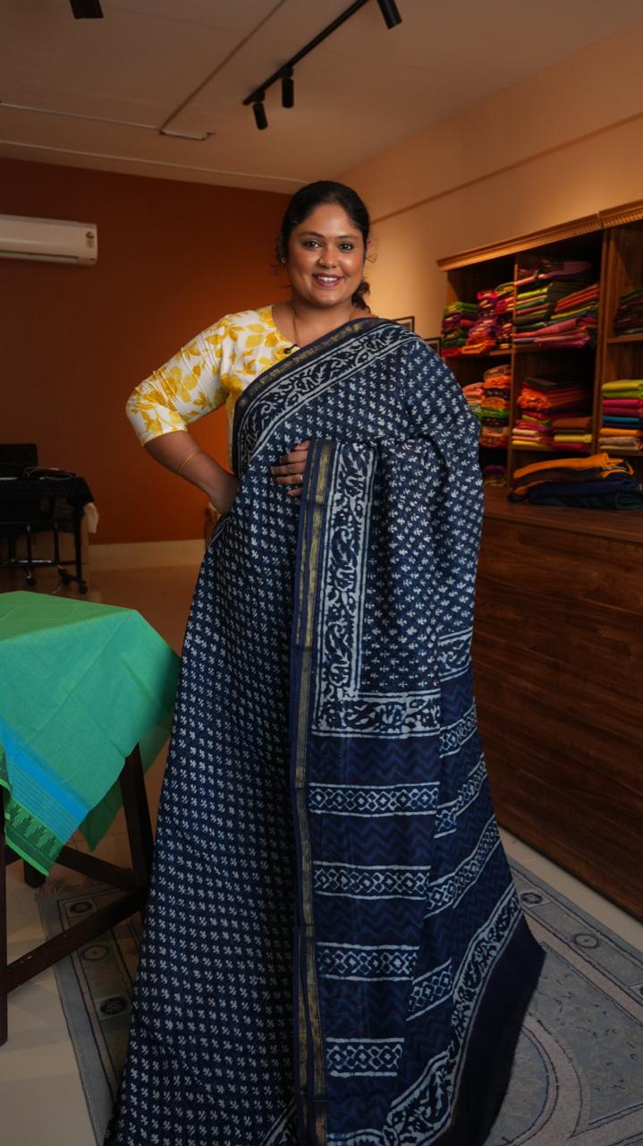 Chanderi Handblock Print Saree -51-06-01-09 (TINY FLORAL BLOOM)