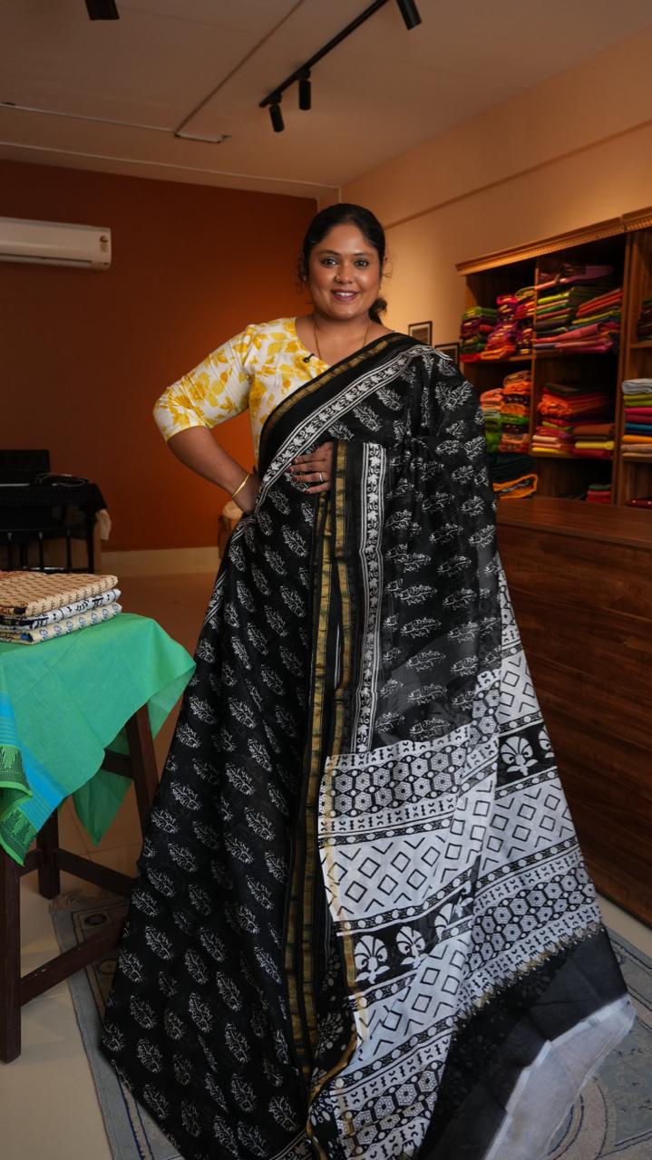 Chanderi Silk Cotton Saree - 51-06-01-13 (NOIR LEAVES)