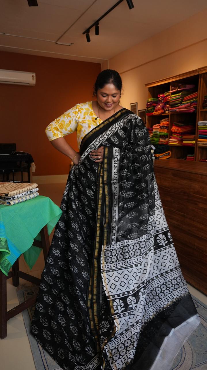 Chanderi Silk Cotton Saree - 51-06-01-13 (NOIR LEAVES)