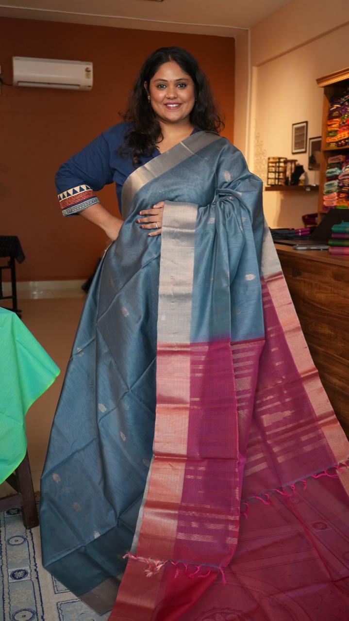 Floral Bhutti Kora Silk Cotton Saree -04-06-02-01 (MISTY BLUE)