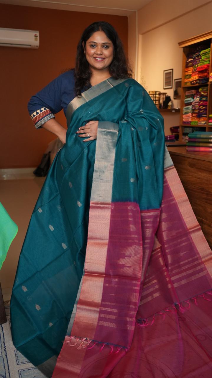 Floral Bhutti Kora Silk Cotton Saree -04-06-02-03 (GLAZED TEAL)