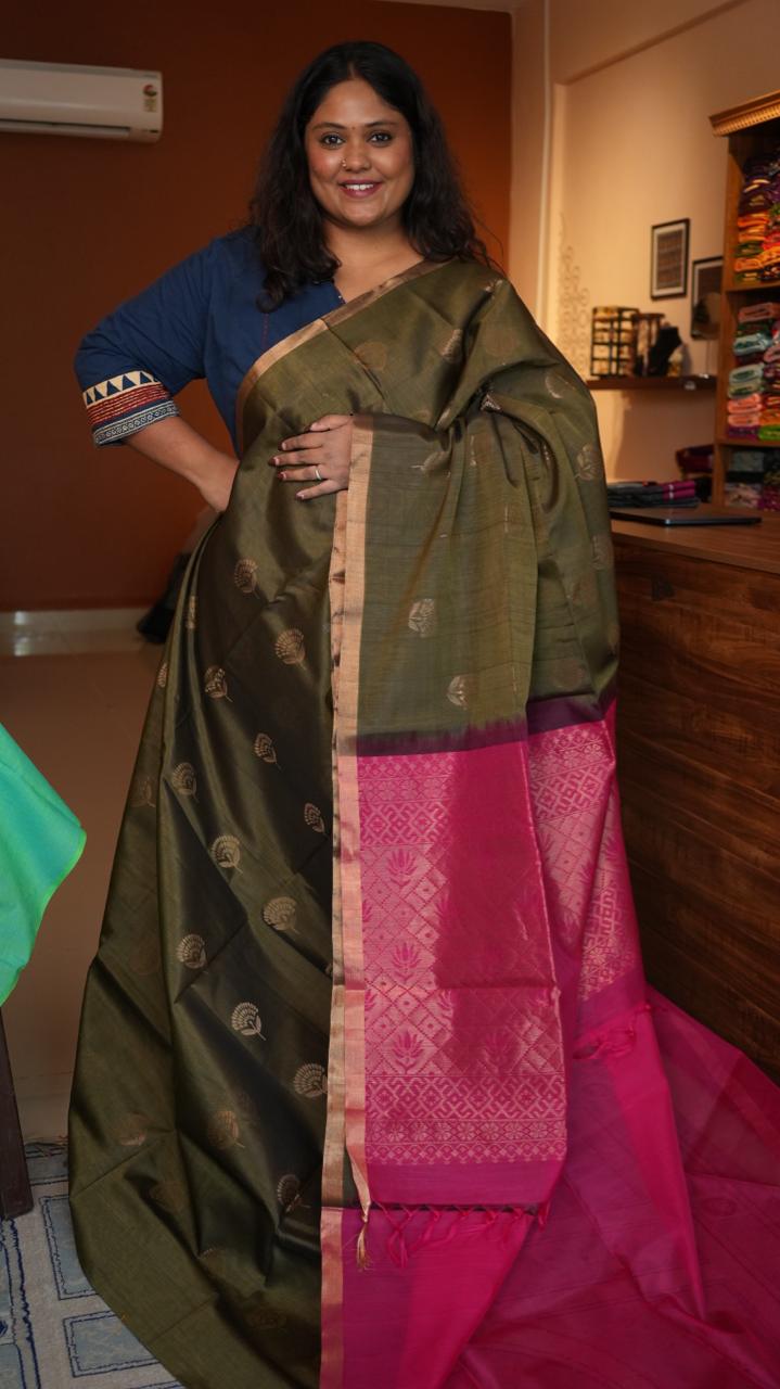 Kora Pure Silk Cotton Saree -04-06-04-03 (WOODLAND OLIVE)