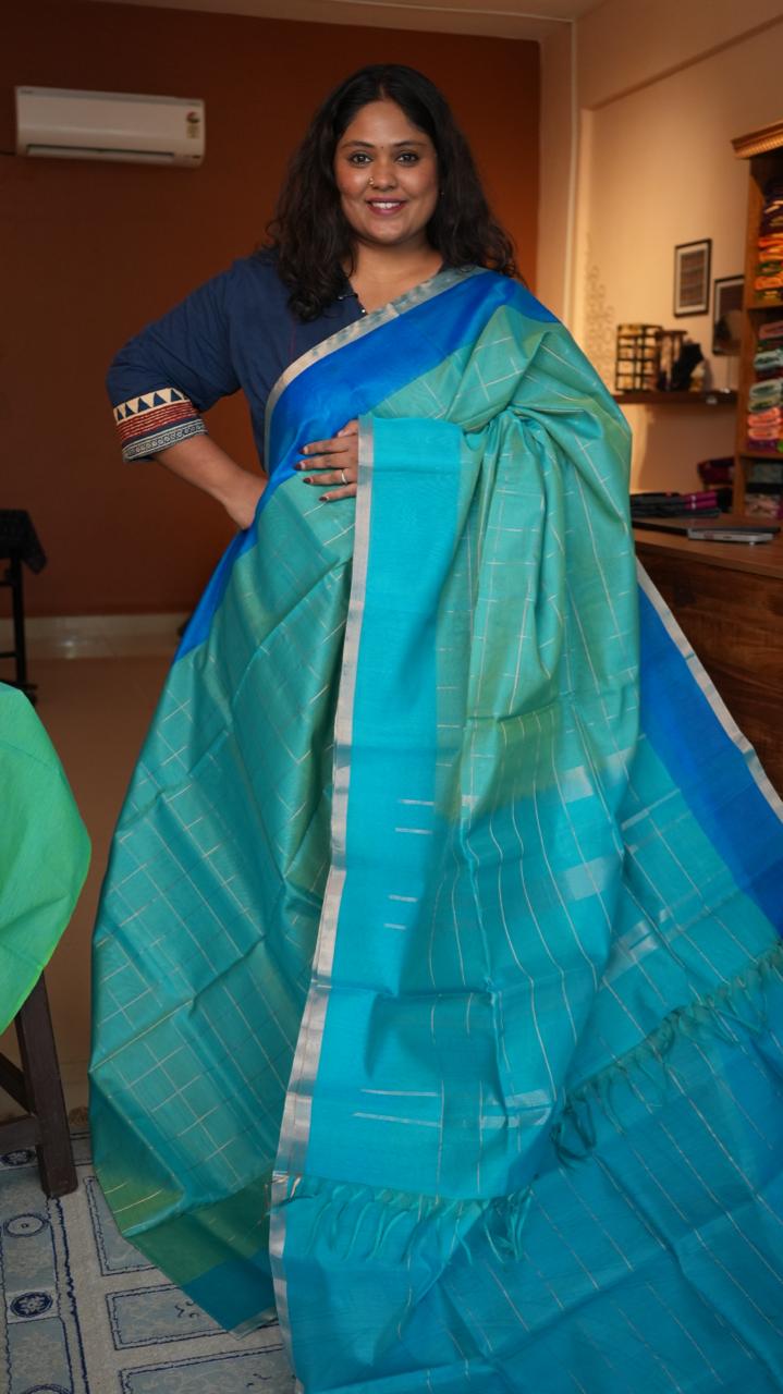 Kora Pure Silk Cotton Saree -04-06-03-03 (BLUE SPRUCE)