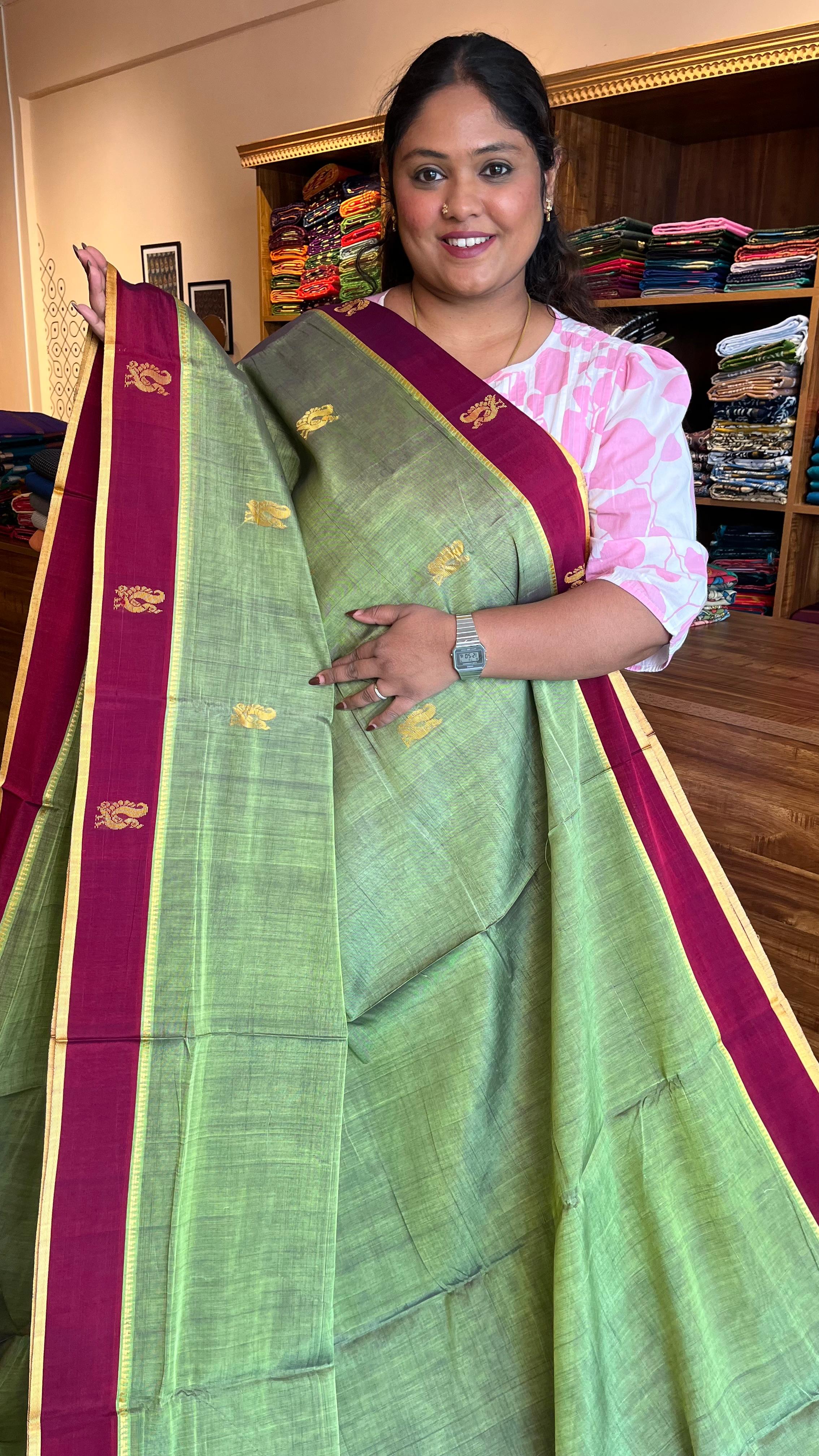 Devendra 10.5 Yards Madisar (Olive Green With Maroon)