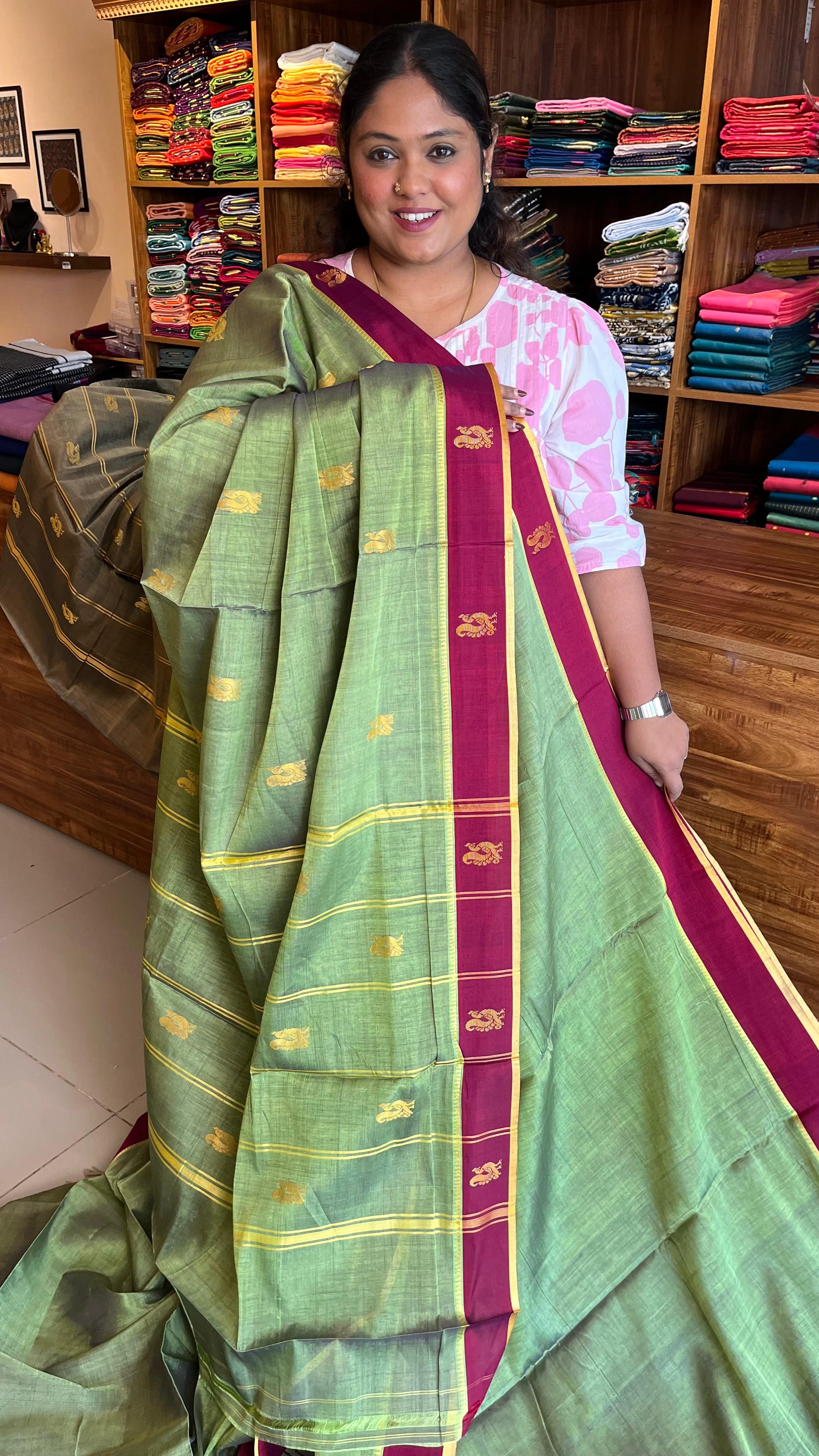Devendra 10.5 Yards Madisar (Olive Green With Maroon)
