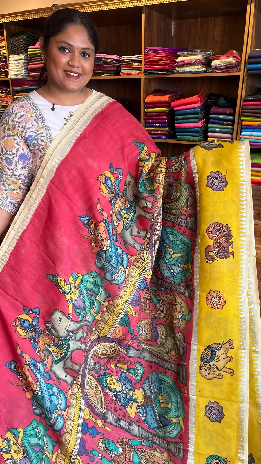 Pen Kalamkari Hand Painted Saree - 02-06-01-05 (Pink Yellow)