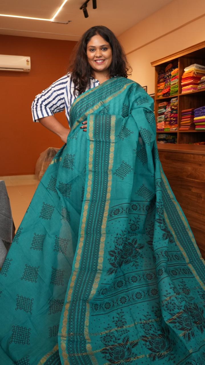 Madurai Cotton Kolam Saree -11-06I-03-10 (BLUE FIZZ)