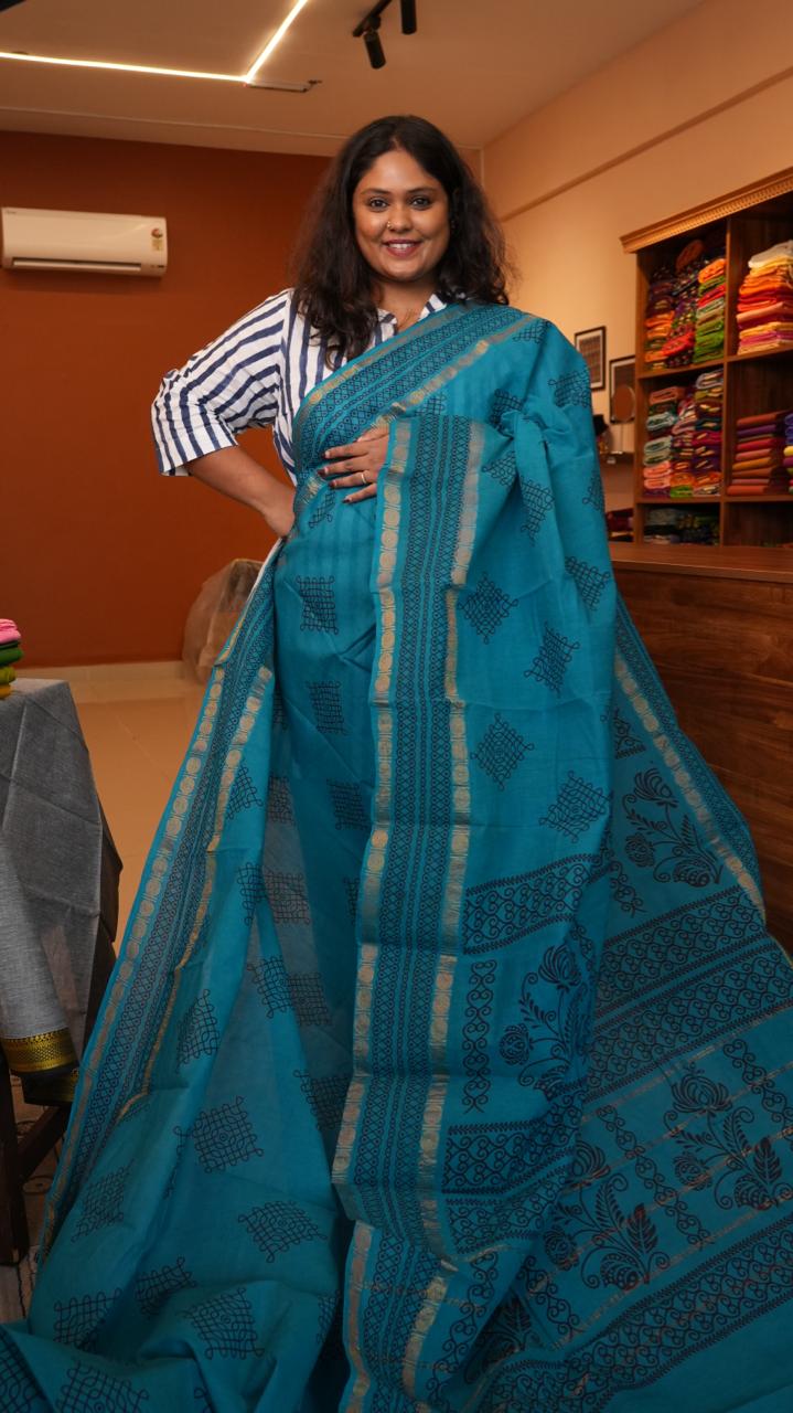 Madurai Cotton Kolam Saree -11-06I-03-03 (BLUE LAGOON)