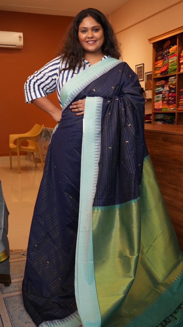 Semi Silk Stripes Saree - 01-01B-04-11 (BLUE HOUR BREW)