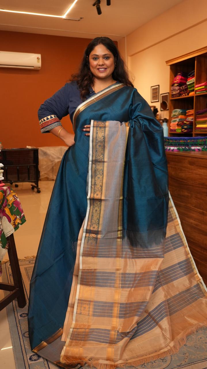 Mangalagiri Kanchi Border Saree -15-07-08-04 (PEACOCK CHAMPAGNE)