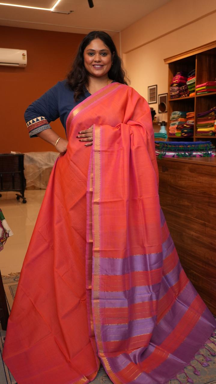 Mangalagiri Small Border Saree -15-07-03-04 (SUNSET CORAL)