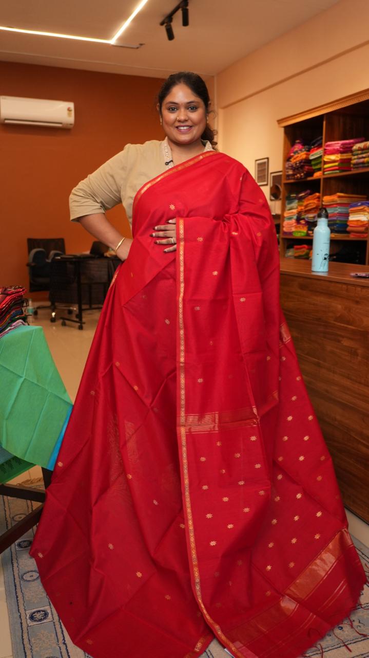 Maheshwari Small Border Bhutti Sarees -05-07-01-23 (CARMINE)