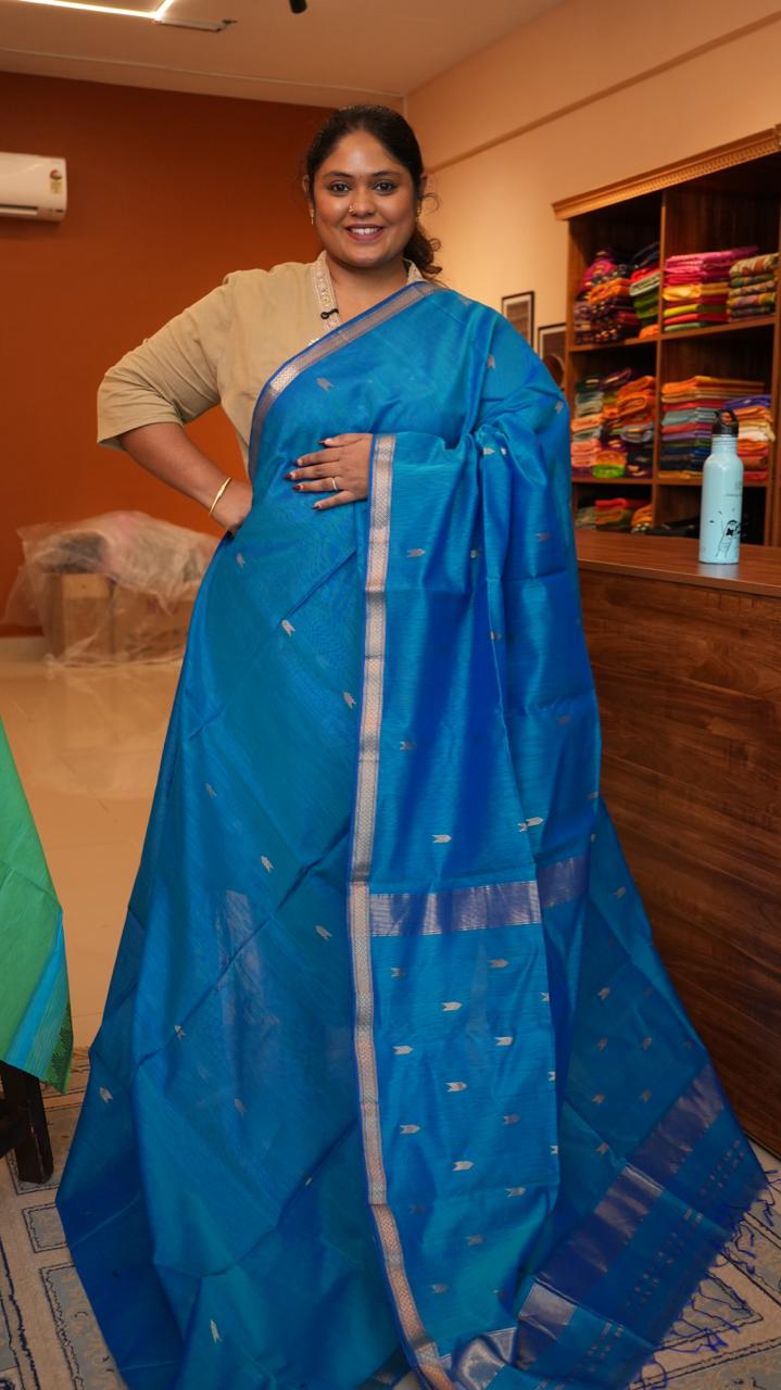 Maheshwari Small Border Bhutti Sarees - 05-07-01-16 (AEGEAN)