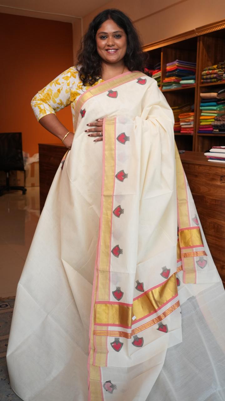 Handwoven Balaramapuram Kasavu Sarees - Handpainted -01-07-12-01 (PALAKKA MALA)
