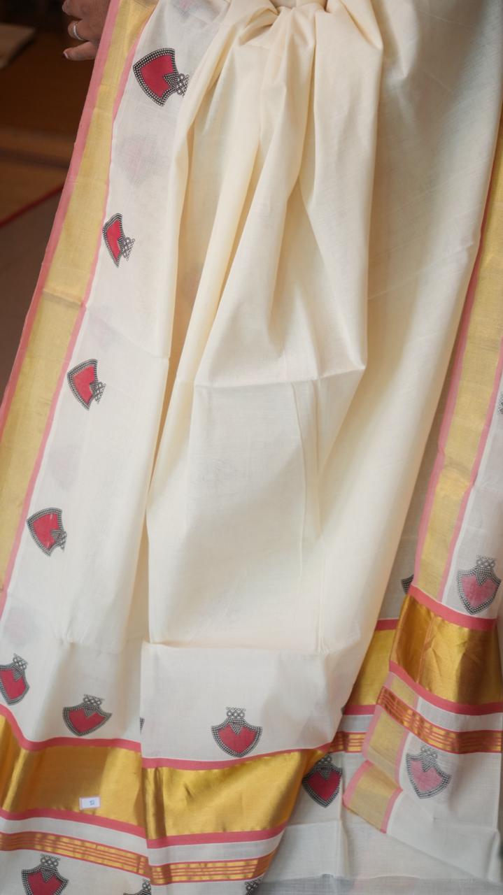 Handwoven Balaramapuram Kasavu Sarees - Handpainted -01-07-12-01 (PALAKKA MALA)
