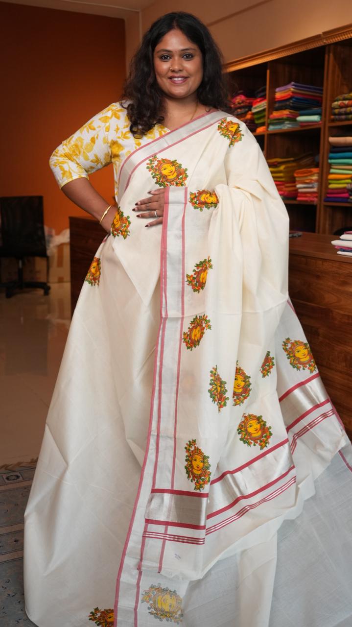 Handwoven Balaramapuram Kasavu Sarees - Handpainted -01-07-14-01 (MURAL KRISHNAN)