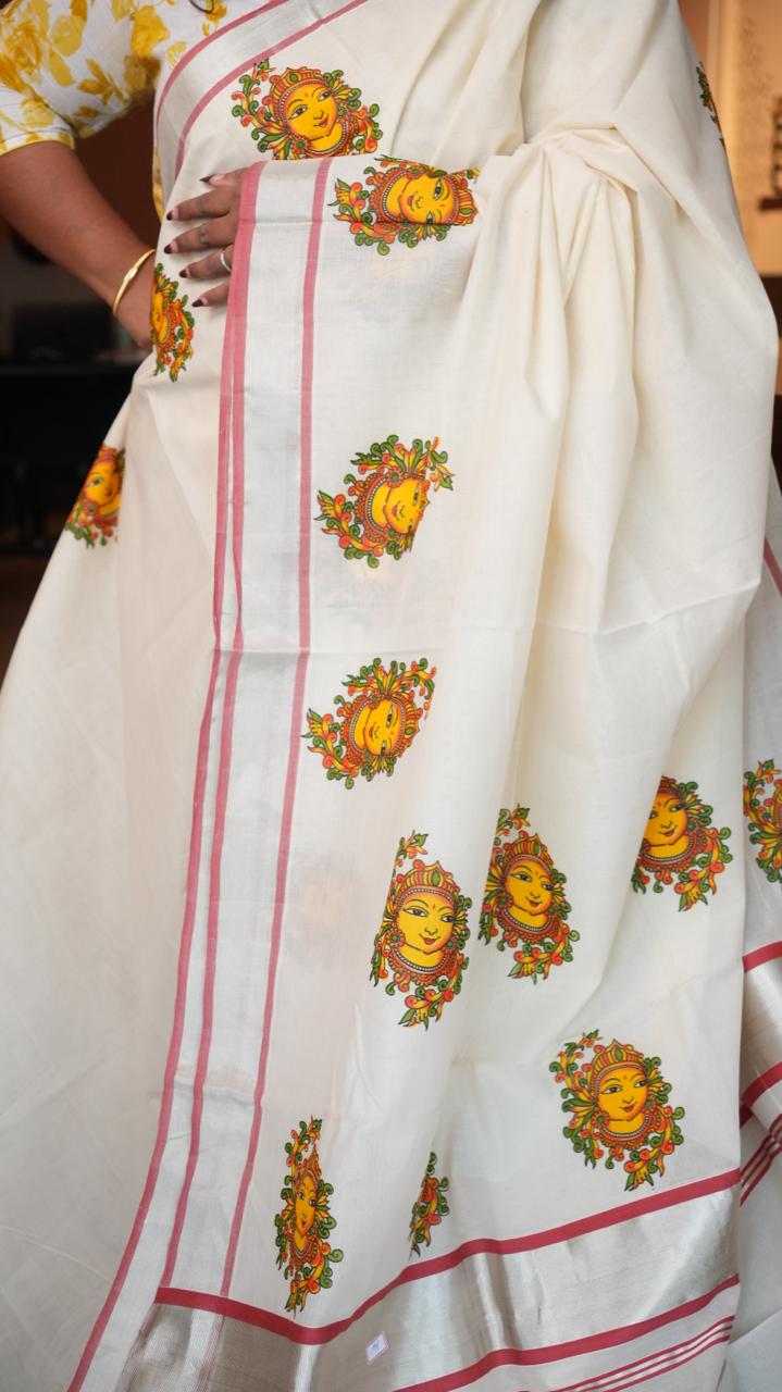 Handwoven Balaramapuram Kasavu Sarees - Handpainted -01-07-14-01 (MURAL KRISHNAN)
