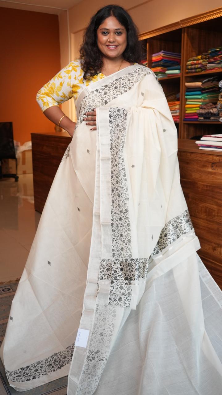 Handwoven Balaramapuram Kasavu Sarees - Handpainted -01-07-13-01 (CHINTZ)