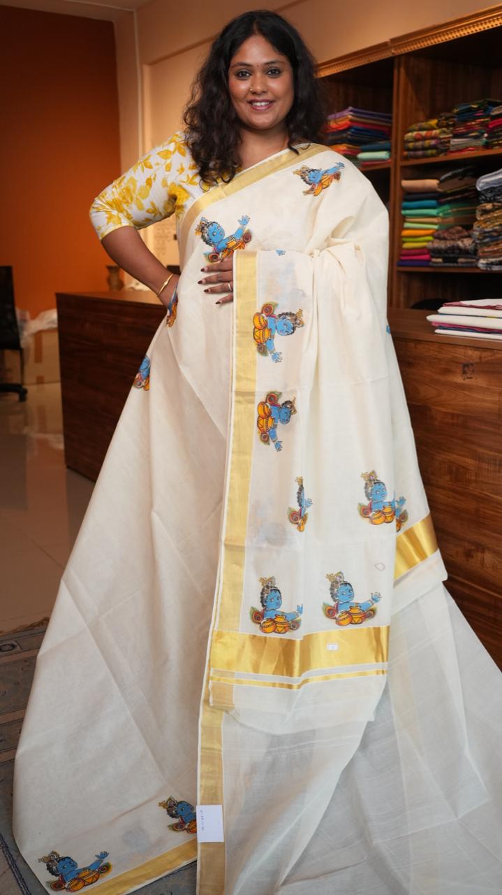 Handwoven Balaramapuram Kasavu Sarees - Handpainted -01-07-11-02 (UNNIKANNAN)