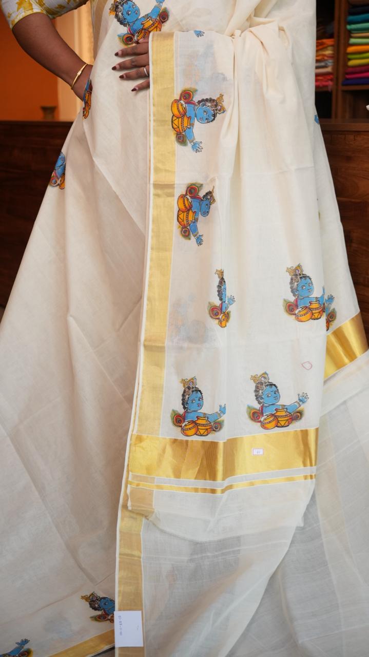 Handwoven Balaramapuram Kasavu Sarees - Handpainted -01-07-11-02 (UNNIKANNAN)