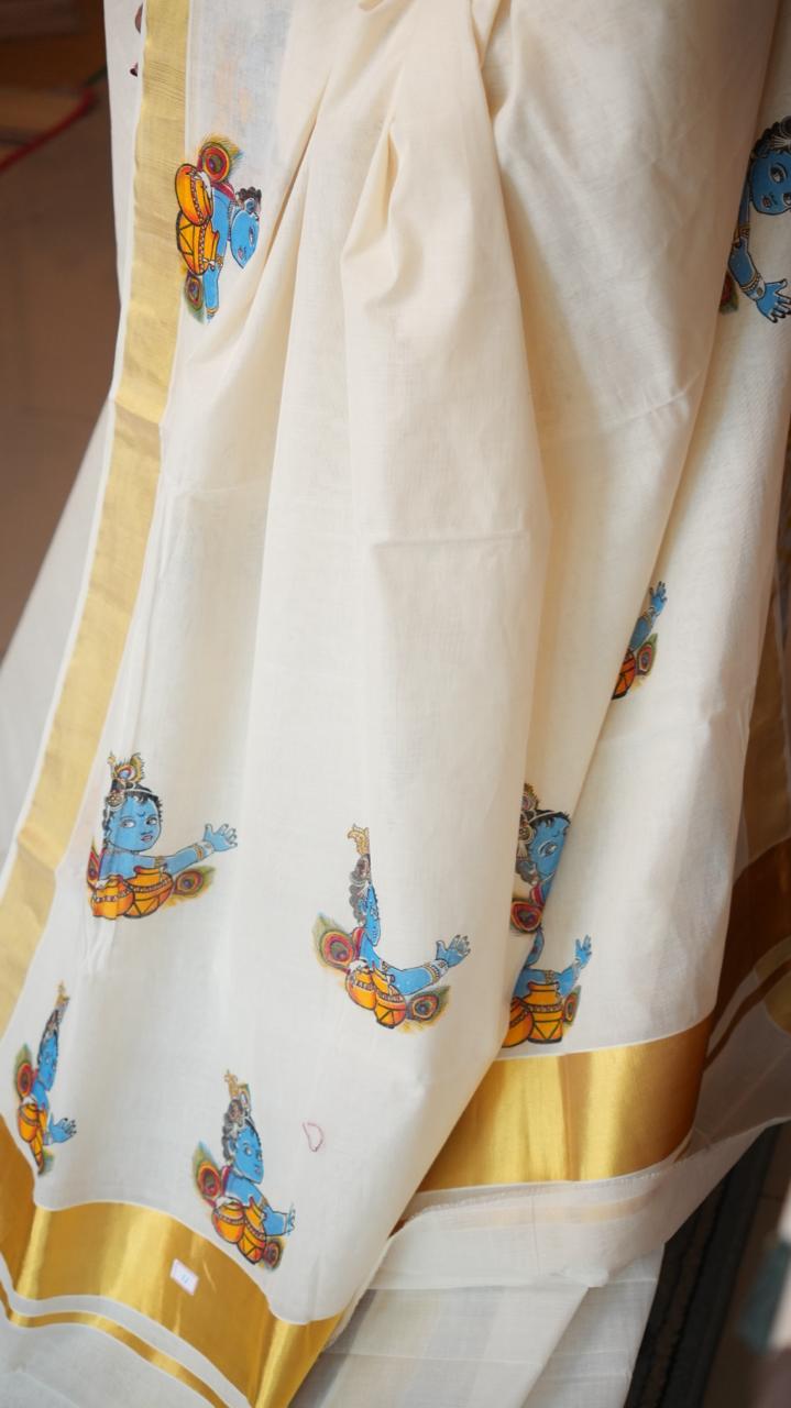Handwoven Balaramapuram Kasavu Sarees - Handpainted -01-07-11-02 (UNNIKANNAN)