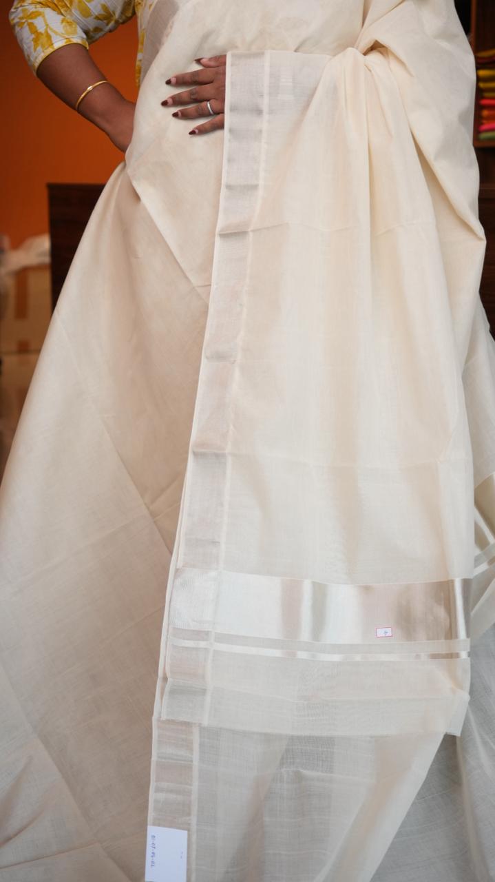 Handwoven Balaramapuram Kasavu Sarees - Traditional -01-07-04-01 (SILVER ZARI KASAVU)