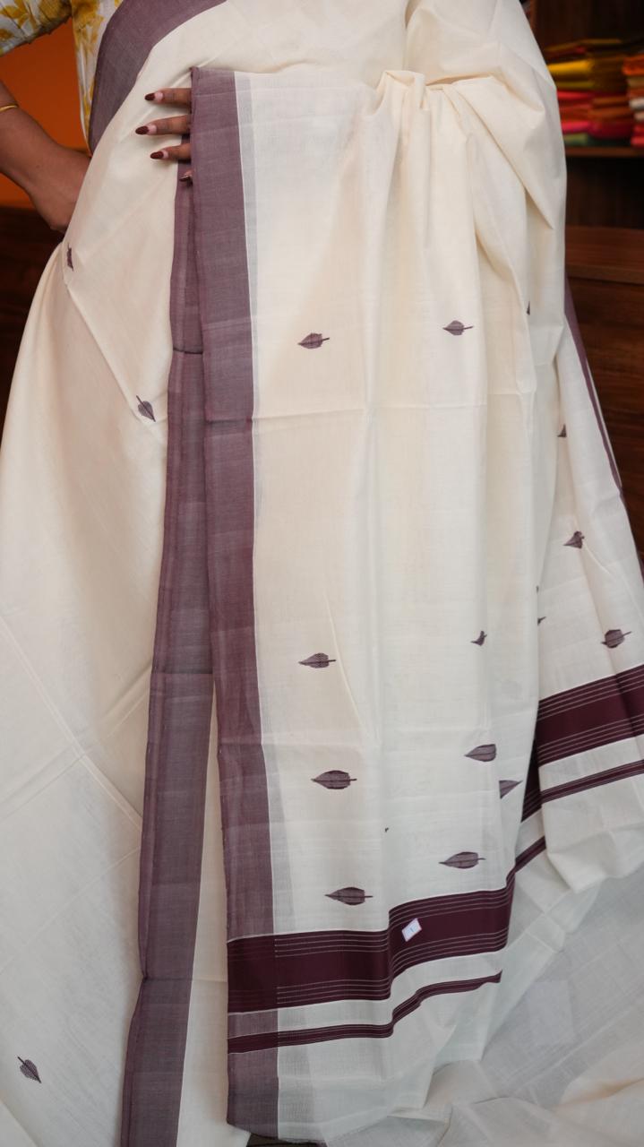 Handwoven Balaramapuram Kasavu Sarees - 01-07-01-02 (PLUM BORDERED KASAVU)