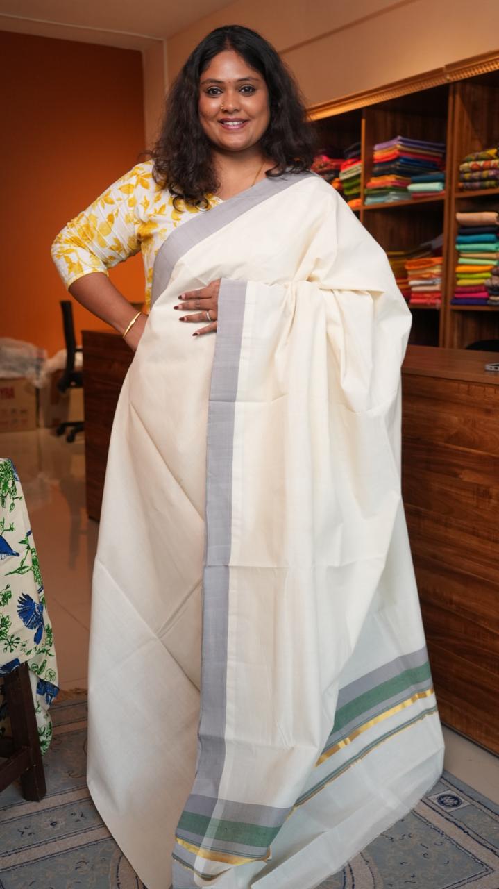 Handwoven Balaramapuram Kasavu Sarees - 01-07-06-02 (ASH BORDERED KASAVU)