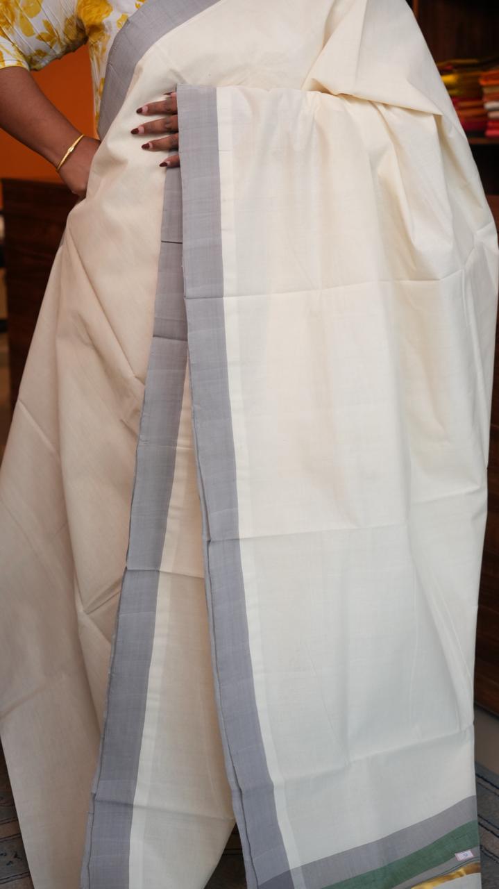 Handwoven Balaramapuram Kasavu Sarees - 01-07-06-02 (ASH BORDERED KASAVU)