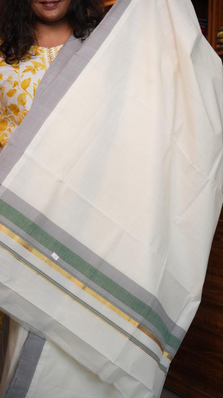 Handwoven Balaramapuram Kasavu Sarees - 01-07-06-02 (ASH BORDERED KASAVU)