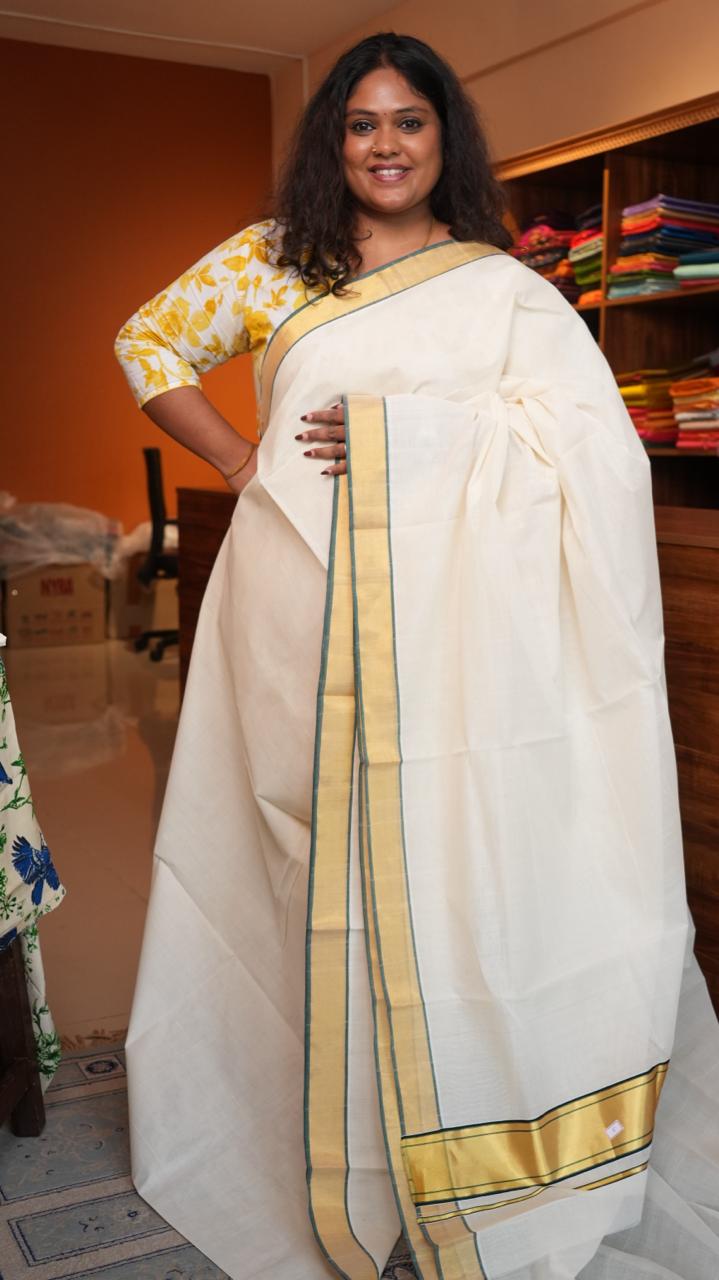 Handwoven Balaramapuram Kasavu Sarees - 01-07-03-02 (EMERALD GOLD KASAVU)