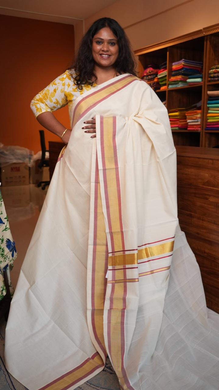 Handwoven Balaramapuram Kasavu Sarees - 01-07-09-03 (BLUSH GOLD KASAVU)