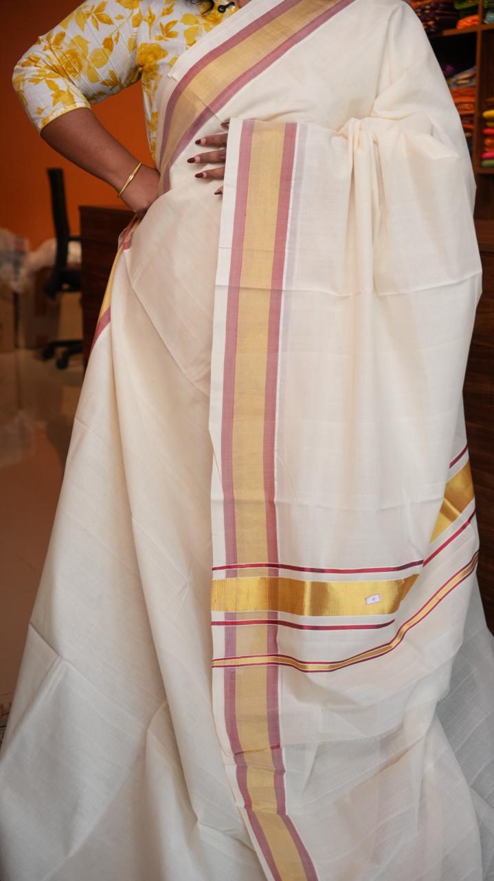 Handwoven Balaramapuram Kasavu Sarees - 01-07-09-03 (BLUSH GOLD KASAVU)