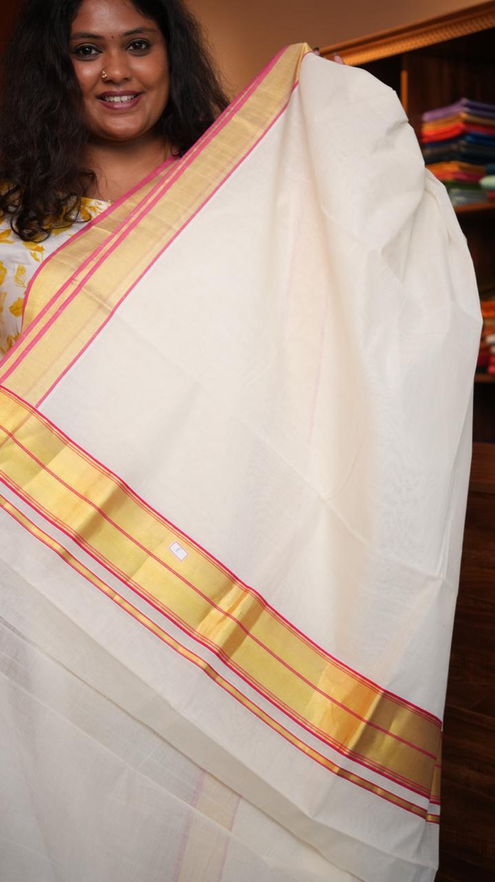 Handwoven Balaramapuram Kasavu Sarees - 01-07-03-03 (FUCHSIA GOLD KASAVU)