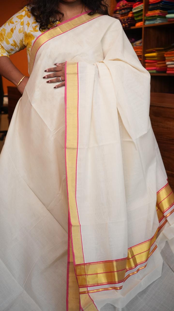 Handwoven Balaramapuram Kasavu Sarees - 01-07-03-03 (FUCHSIA GOLD KASAVU)