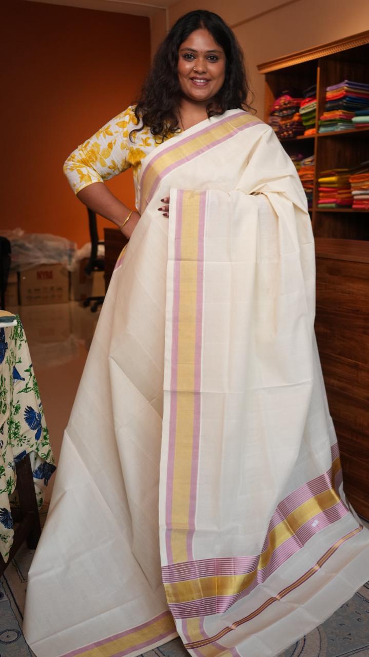 Handwoven Balaramapuram Kasavu Sarees - 01-07-09-04 (LILAC GOLD KASAVU)