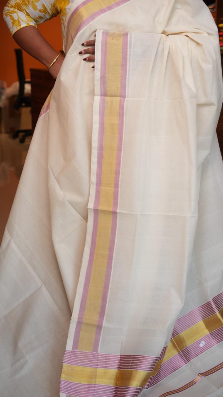 Handwoven Balaramapuram Kasavu Sarees - 01-07-09-04 (LILAC GOLD KASAVU)