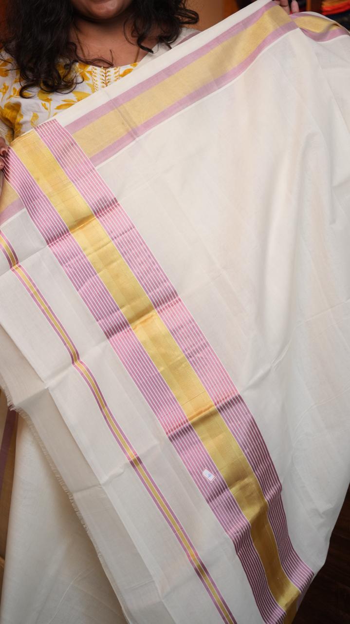 Handwoven Balaramapuram Kasavu Sarees - 01-07-09-04 (LILAC GOLD KASAVU)