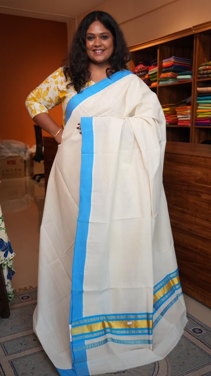 Handwoven Balaramapuram Kasavu Sarees - 01-07-07-02 (SKY BORDERED KASAVU)