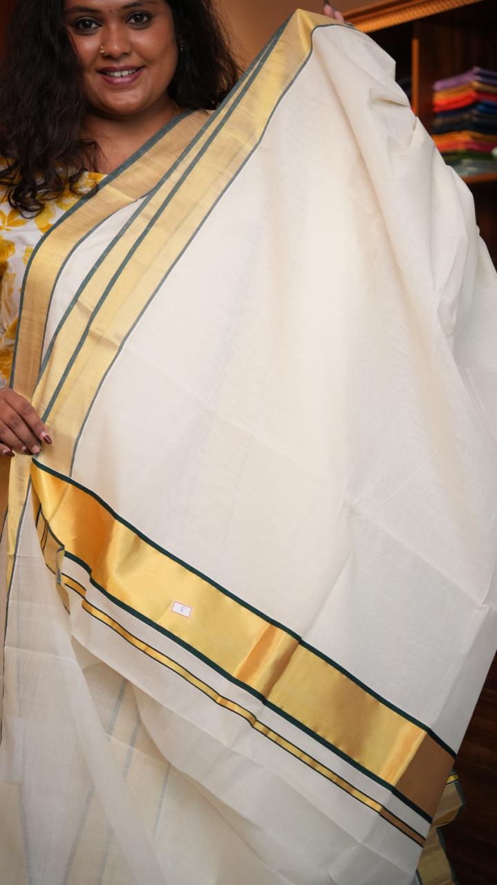 Handwoven Balaramapuram Kasavu Sarees - 01-07-03-01 (MOSS GOLD KASAVU)