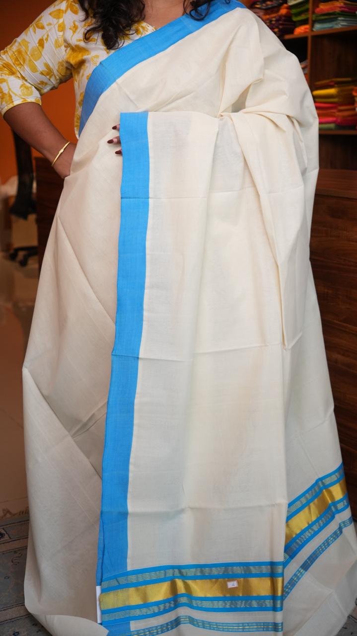 Handwoven Balaramapuram Kasavu Sarees - 01-07-07-02 (SKY BORDERED KASAVU)