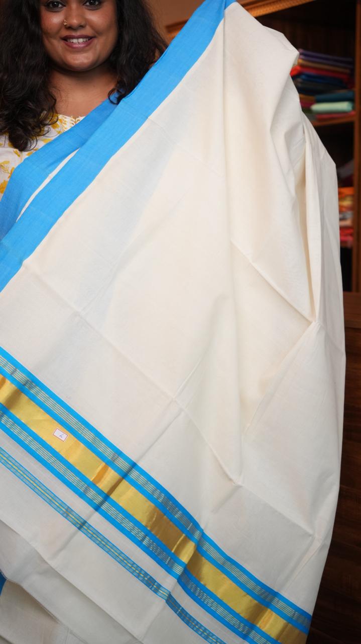 Handwoven Balaramapuram Kasavu Sarees - 01-07-07-02 (SKY BORDERED KASAVU)