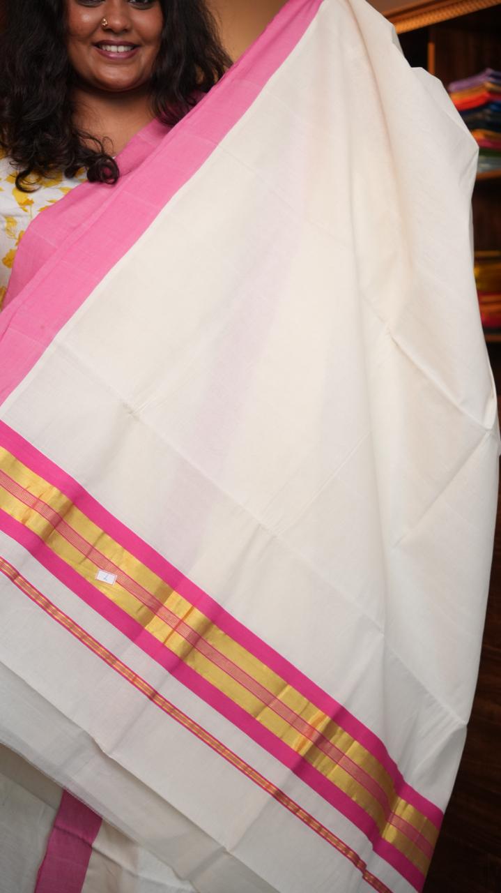 Handwoven Balaramapuram Kasavu Sarees - 01-07-07-04 (PEONY BORDERED KASAVU)